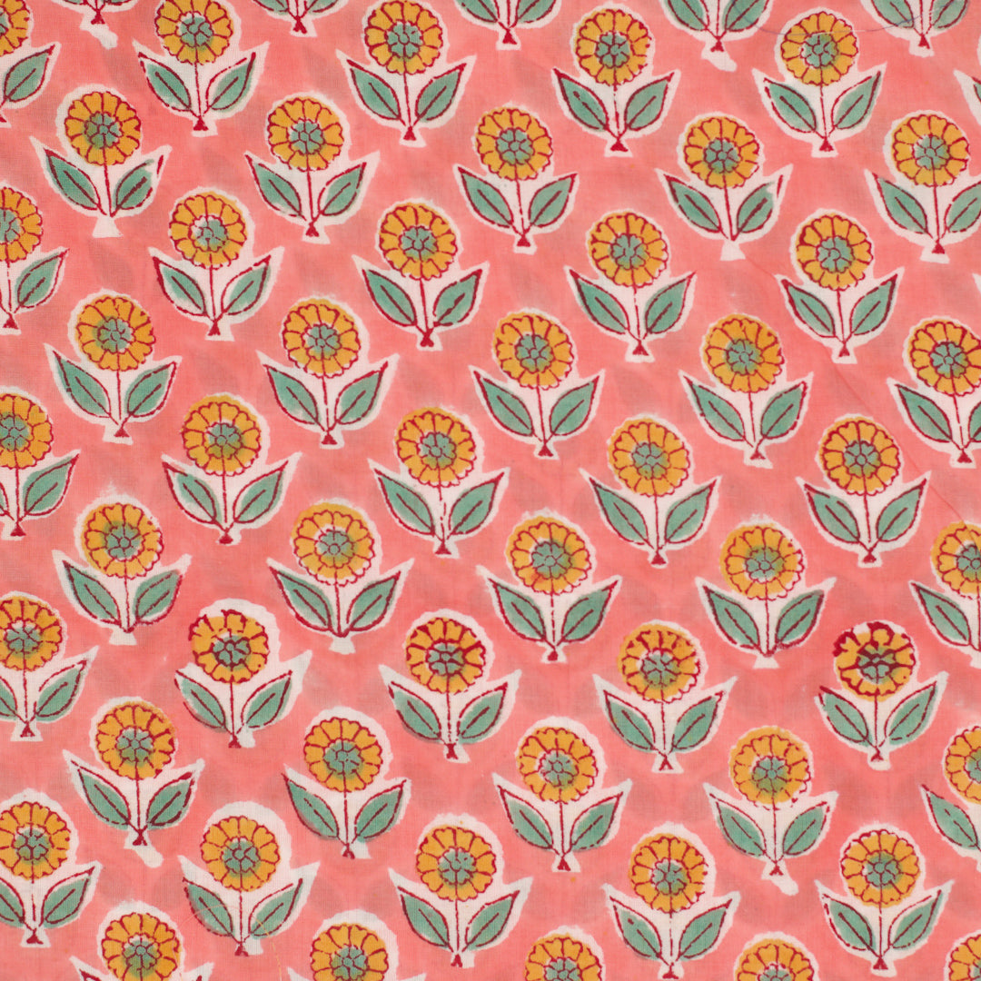Indian Block Print Yellow Flower on Coral