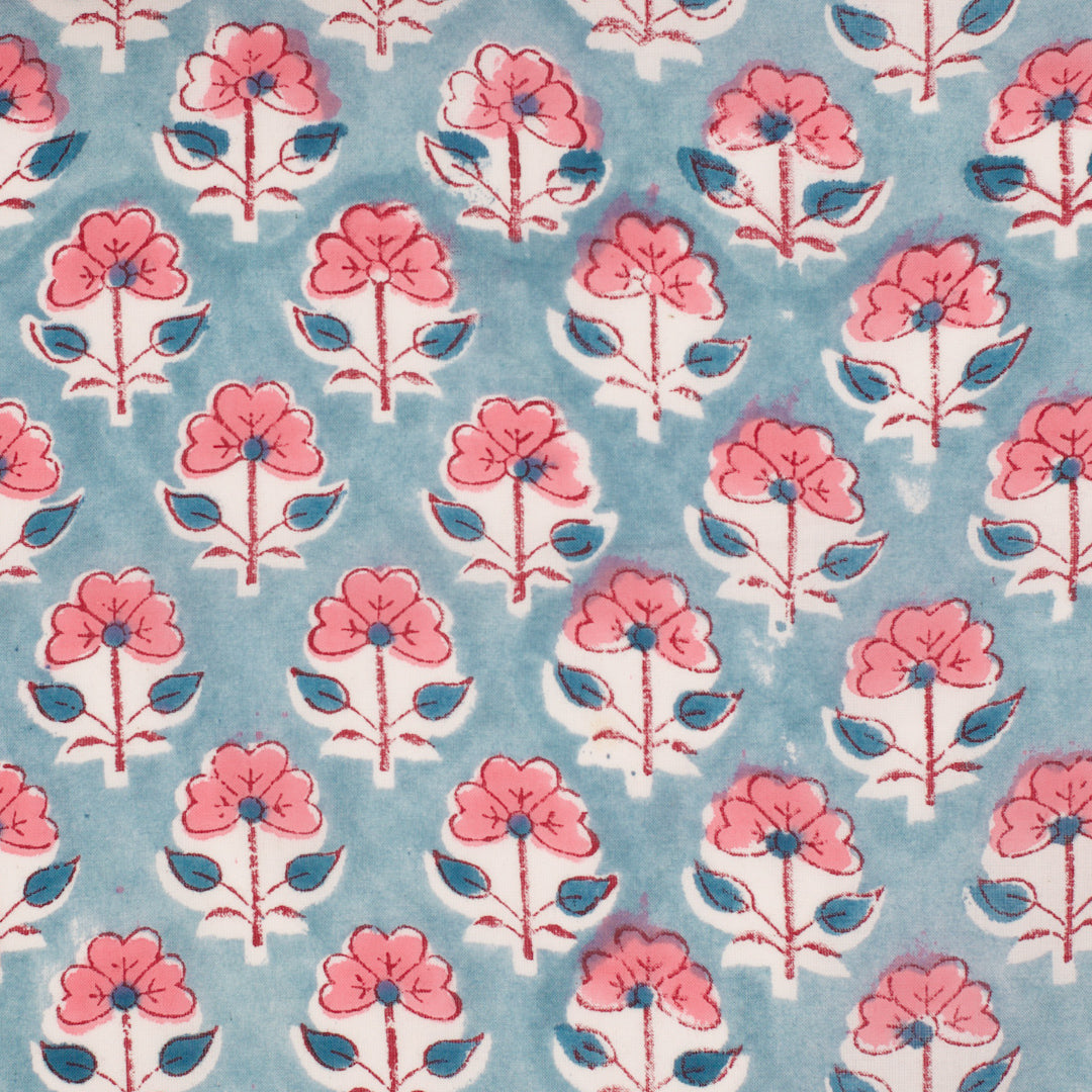 Indian Block Print Pink Flower on Blue