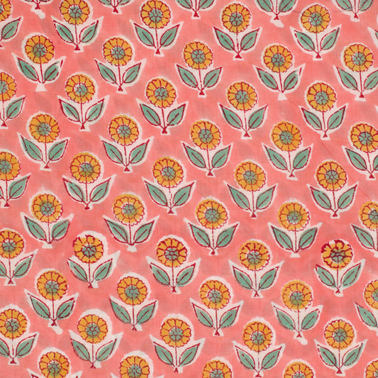 Indian Block Print Yellow Flower on Coral